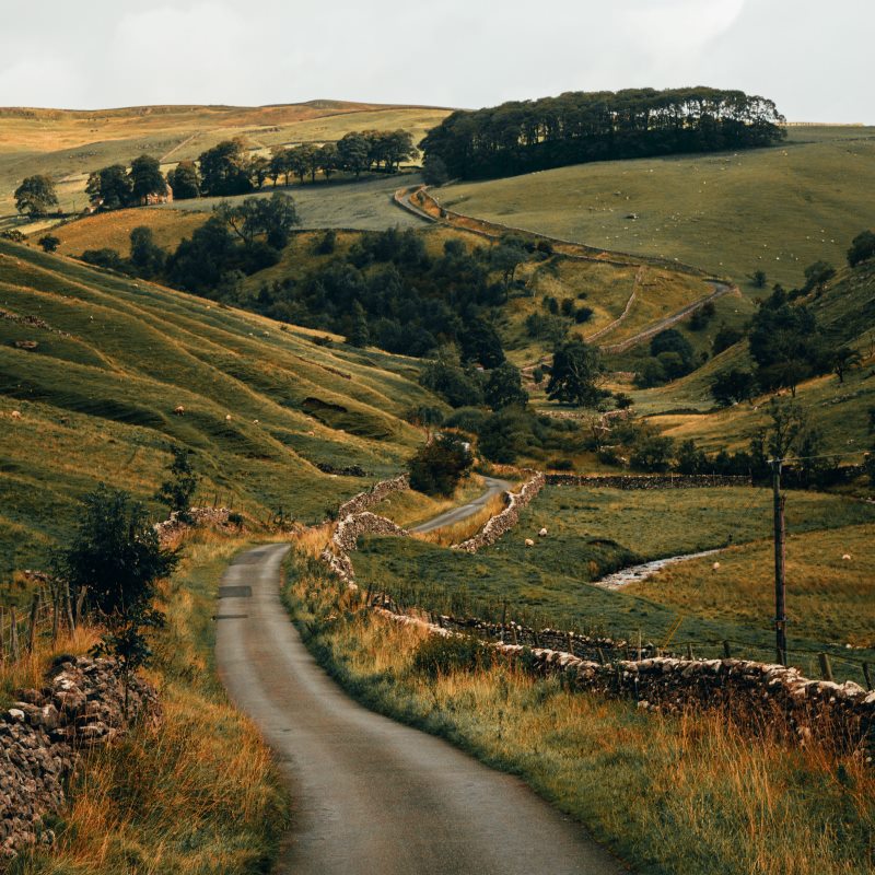 A green valley stretching between gently rolling hills